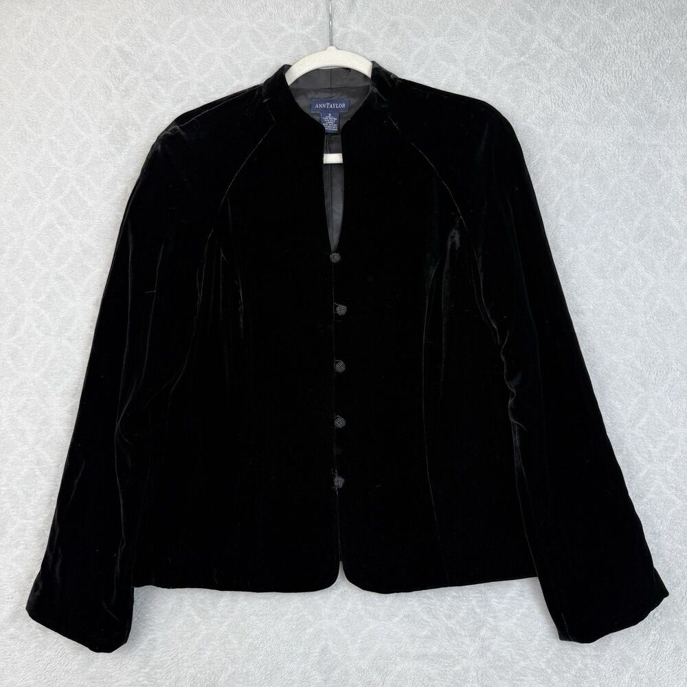 Vtg 90s Ann Taylor Velvet Jacket Womens 8 Black Silk Blend Mandarin Collar Goth
